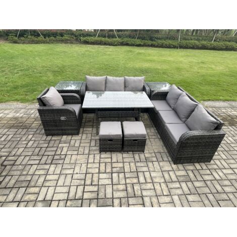 Fimous 9 places Ensemble de meubles de jardin en rotin d'extérieur Table à manger rectangulaire et Fauteuils avec Canapé 3 places 2 Petits repose-pieds 2 Tables d'appoint Gris foncé mélangé