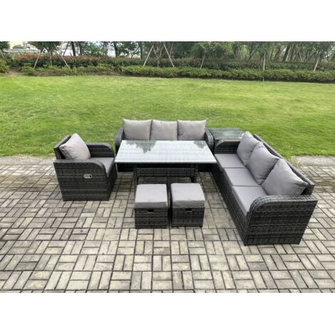 Fimous 9 places Ensemble de meubles de jardin en rotin  Table à manger rectangulaire et Fauteuils avec Canapé 3 places Table d'appoint 2 Petits repose-pieds Gris foncé mélangé