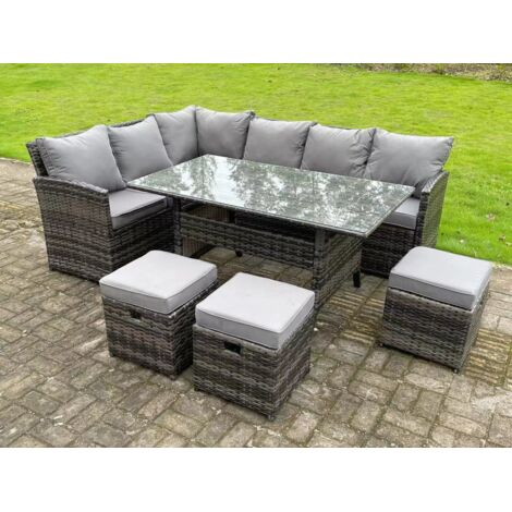 Fimous 9 places Ensemble de mobilier de jardin d'extérieur Ensemble canapé et table à mangers avec 3 Tabourets