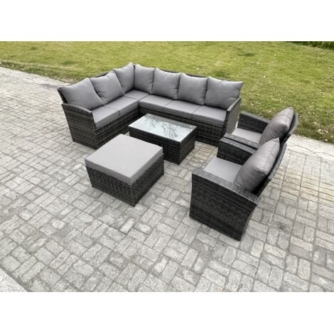 Fimous 9 places Ensembles de meubles de jardin en rotin Canapé d'angle à dossier haut Table basse rectangulaire avec Grands Tabouret 2 Fauteuils Gris foncé mélangé