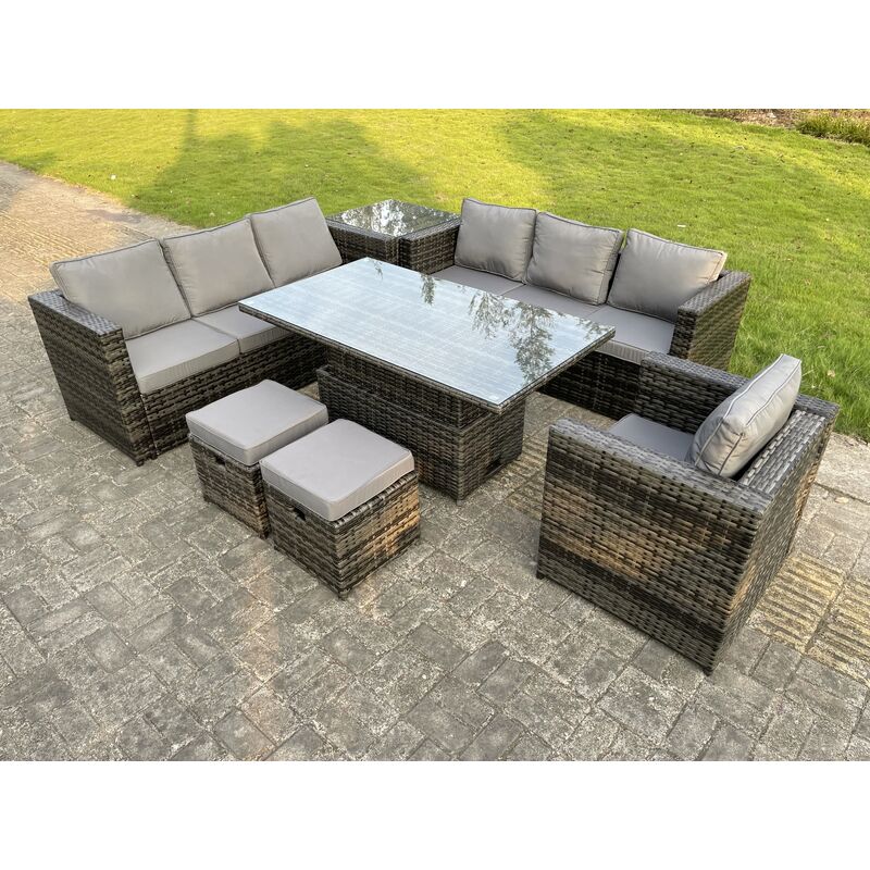 Fimous 9 Places Extérieur En Rotin Canapé Set Réglable Ascenseur Table Latérale Chaises Tabouret de pied Gris Foncé