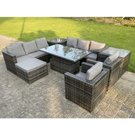 Fimous 9 Places Extérieur Rotin Meubles De Jardin Réglable Table Élévatrice Avec 2 Côtés Table Basse Chaises Repose - Pieds