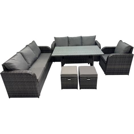 Fimous 9 places Gris foncé Ensemble de meubles de jardin en rotin  Fauteuil Inclinable Canapé 3 places Table à manger rectangulaire avec 2 Tabourets