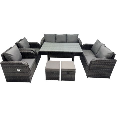Fimous 9 places Gris foncé Ensemble de meubles de jardin en rotin  Fauteuil Inclinable canapé deux places Canapé 3 places Table à manger rectangulaire Tabourets