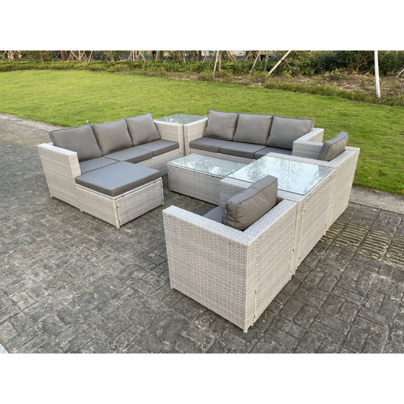 9 places Meubles de Jardin en rotin ave Canapé à 3 places 2 Fauteuil 2 Table d'appoint Table basse Grand Tabourets Gris Clair - Fimous