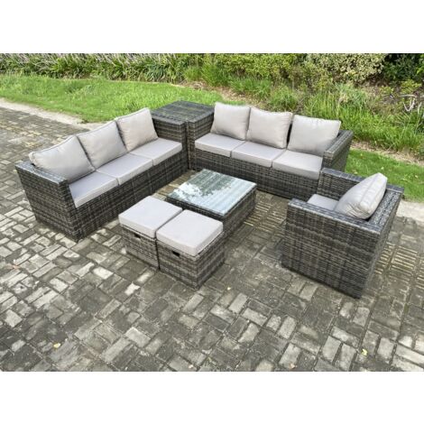 Fimous 9 places Mobilier de jardin extérieur en rotin avec Fauteuil Tables d'appoint Table basse carrée 2 Petits poufs Tables d'appoint Mélange gris foncé
