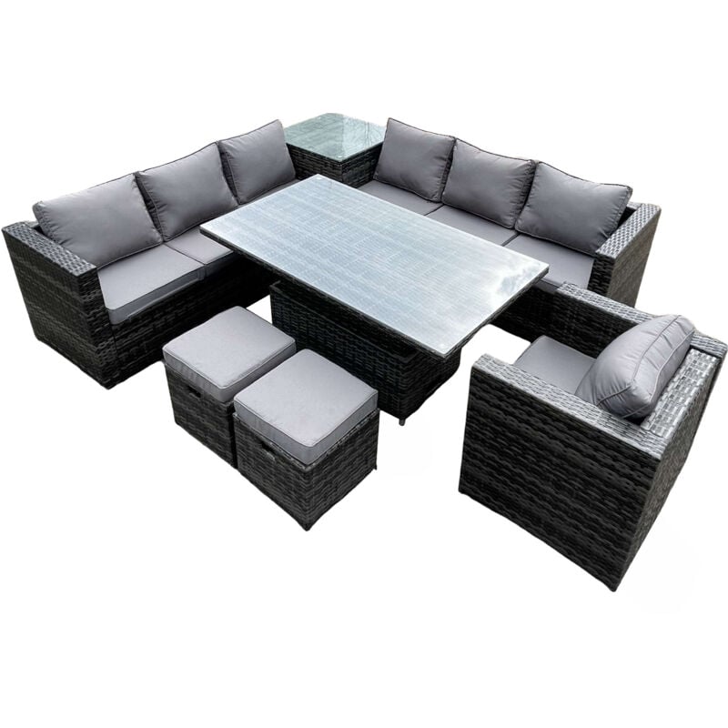 Fimous - 9 places pe canapé d'angle en rotin set table à manger réglable set table basse haute avec fauteuil tabouret