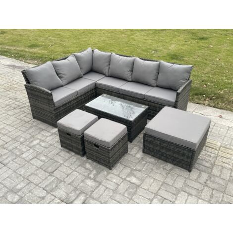 Fimous 9 places Salon de Jardin en Rotin PE avec Table basse 3 Repose-pieds Gris foncé mélangé