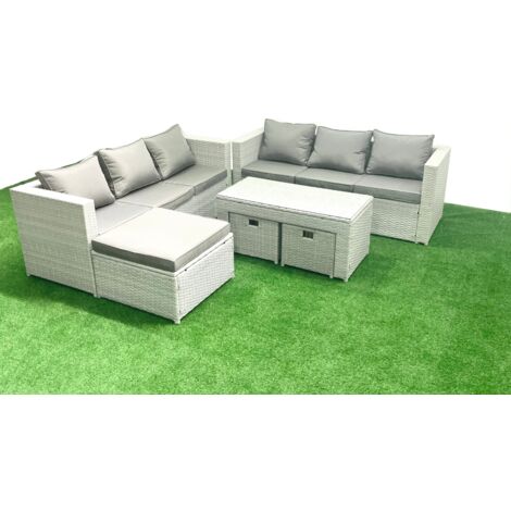 Fimous 9 places Salon de Jardin Extérieur Canapé de jardin en rotin Table basse oblongue avec 3 Tabourets Gris clair mixte