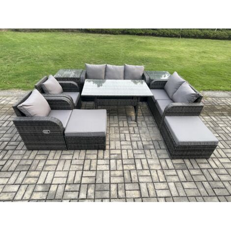 Fimous 9 places Salon de Jardin Salou en polyrotin avec 2 Fauteuil Inclinable 2 Tables d'appoint 2 Grands Tabourets Gris foncé mélangé