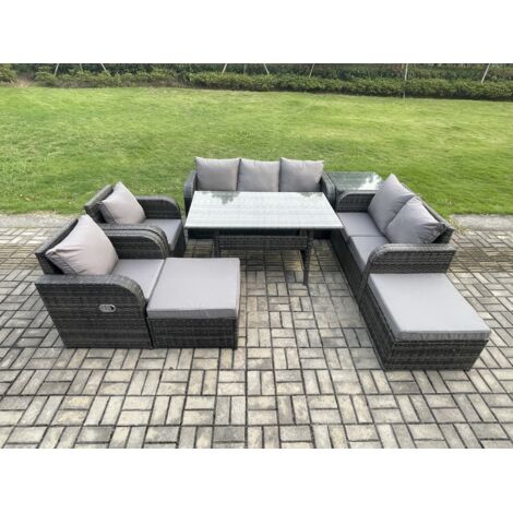 Fimous 9 places Salon de Jardin Salou en polyrotin avec 2 Fauteuil Inclinable Table d'appointen 2 Grands Tabourets Gris foncé mélangé