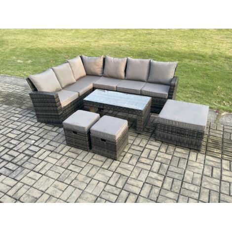 Fimous 9 Seat Ensemble de meubles de jardin en rotin avec canapé d'angle avec 3 Repose-pieds Gris foncé mélangé