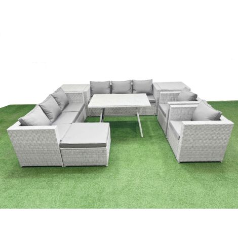 Fimous 9 Seat Garden Furniture Set PE Ratten Garden Sofa Set with Rectangular Dining Table Big Stool 2 Side Tables Light Grey
