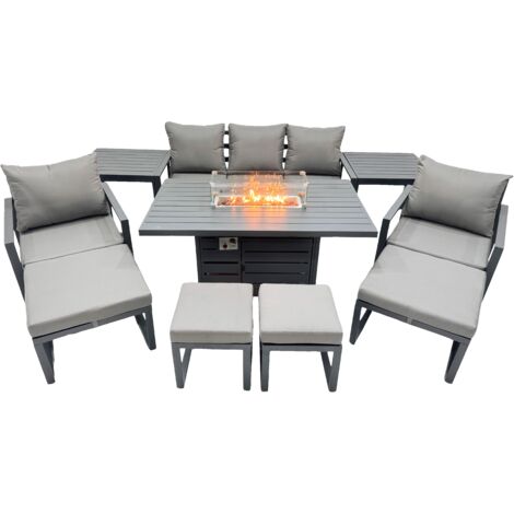 Fimous 9 Seat Outdoor Garden Furniture Set Aluminium Lounge 3 Seat Sofa Gas Fire Pit Table Sets with Chair 4 Stools 2 Side Tables Dark Grey