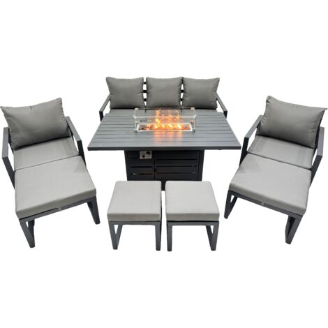 Fimous 9 Seat Outdoor Garden Furniture Set Aluminium Lounge 3 Seat Sofa Gas Fire Pit Table Sets with Chair 4 Stools Dark Grey