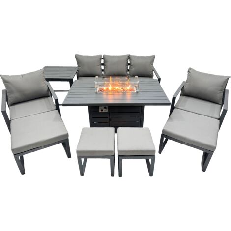 Fimous 9 Seat Outdoor Garden Furniture Set Aluminium Lounge 3 Seat Sofa Gas Fire Pit Table Sets with Chair 4 Stools Side Table Dark Grey