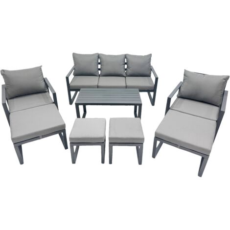 Fimous 9 Seat Outdoor Garden Furniture Set Aluminium Lounge 3 Seat Sofa Oblong Coffee Table Sets with Chair 4 Stools 2 Side Tables Dark Grey