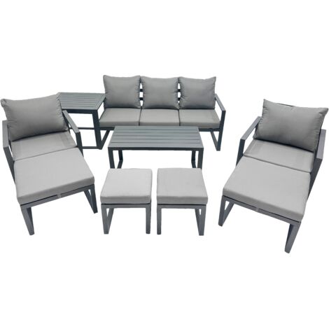 Fimous 9 Seat Outdoor Garden Furniture Set Aluminium Lounge 3 Seat Sofa Oblong Coffee Table Sets with Chair 4 Stools Side Table Dark Grey