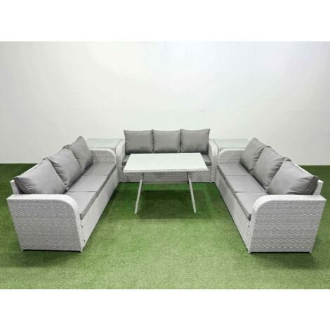 Fimous 9 Seat Outdoor PE Rattan Garden Furniture with Cushions 3 Seater Sofa 2 Side Tables Light Grey