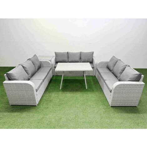 Fimous 9 Seat Outdoor PE Rattan Garden Furniture with Cushions 3 Seater Sofa Side Table Light Grey