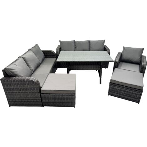Fimous 9 Seat Outdoor Wicker PE Rattan Garden Furniture Set Dining Table Sofa Set with 2 Big Stool Dark Grey Mixed