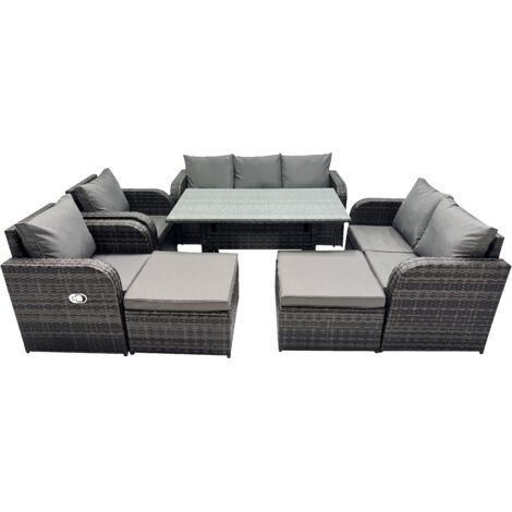 Fimous 9 Seat Outdoor Wicker PE Rattan Garden Furniture Set Dining Table Sofa Set with 2 Big Stools Dark Grey Mixed