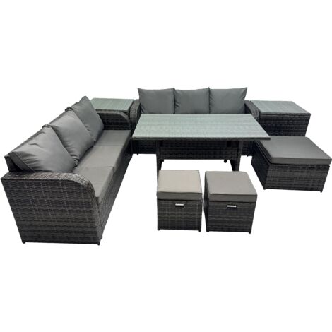 Fimous 9 Seat Outdoor Wicker PE Rattan Garden Furniture Set Dining Table Sofa Set with 2 Side Tables 3 Stools Dark Grey Mixed