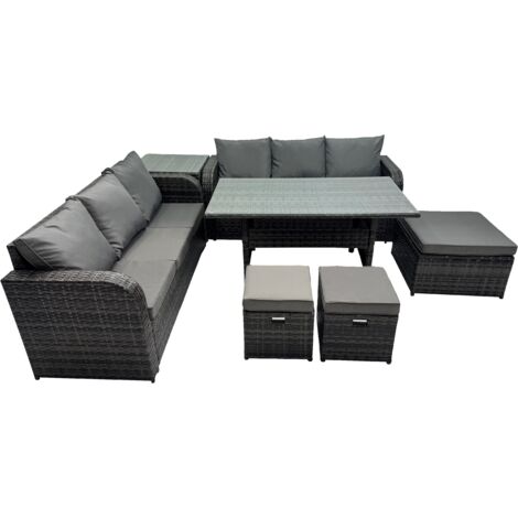 Fimous 9 Seat Outdoor Wicker PE Rattan Garden Furniture Set Dining Table Sofa Set with Side Table 3 Stools Dark Grey Mixed