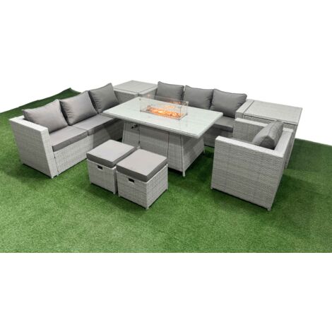 Fimous 9 Seat PE Rattan Lounge Sofa Set Outdoor Garden Furniture Set with Firepit Dining Table 3 Seater Sofa 2 Small Stools 2 Side Tables Light Grey