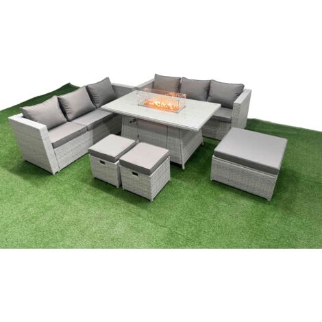 Fimous 9 Seat PE Rattan Lounge Sofa Set Outdoor Garden Furniture Set with Firepit Dining Table 3 Seater Sofa 3 Stools Light Grey