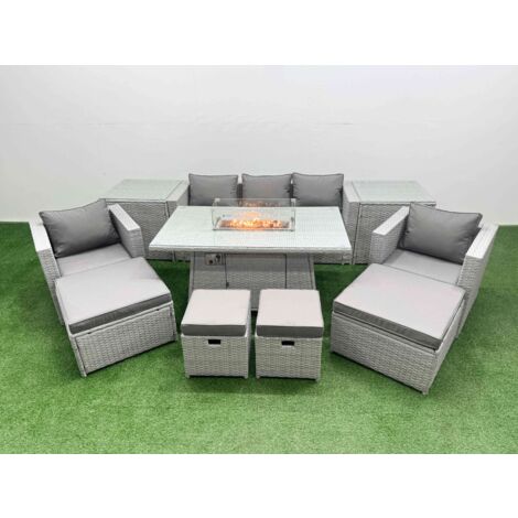 Fimous 9 Seat PE Rattan Lounge Sofa Set Outdoor Garden Furniture Set with Firepit Dining Table 3 Seater Sofa 4 Footstools 2 Side Tables Light Grey