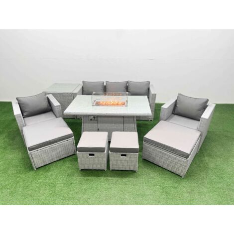 Fimous 9 Seat PE Rattan Lounge Sofa Set Outdoor Garden Furniture Set with Firepit Dining Table 3 Seater Sofa 4 Footstools Side Table Light Grey