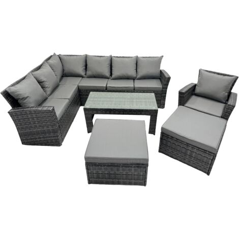 Fimous 9 Seat Poly Rattan Outdoor Patio Oblong Coffee Table Corner Sofa Set with 2 Big Stool Chair for Garden Backyard Dark Grey Mixed