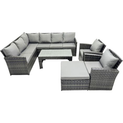 Fimous 9 Seat Poly Rattan Outdoor Patio Oblong Coffee Table Corner Sofa Set with Big Stool 2 Chairs for Garden Backyard Dark Grey Mixed