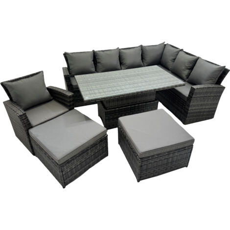 Fimous 9 Seat Rattan Garden Furniture Corner Sofa Set Outdoor Adjustable Lifting Dining or Coffee Table Set with 2 Big Footstools Dark Grey Mixed