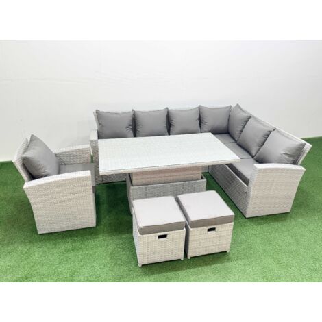 Fimous 9 Seat Rattan Garden Furniture Corner Sofa Set Outdoor Adjustable Lifting Dining or Coffee Table Set with 2 Small Footstools Light Grey