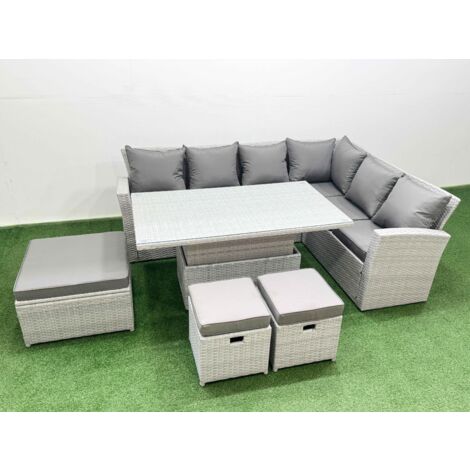 Fimous 9 Seat Rattan Garden Furniture Corner Sofa Set Outdoor Adjustable Lifting Dining or Coffee Table Set with Armchair 3 Footstools Light Grey