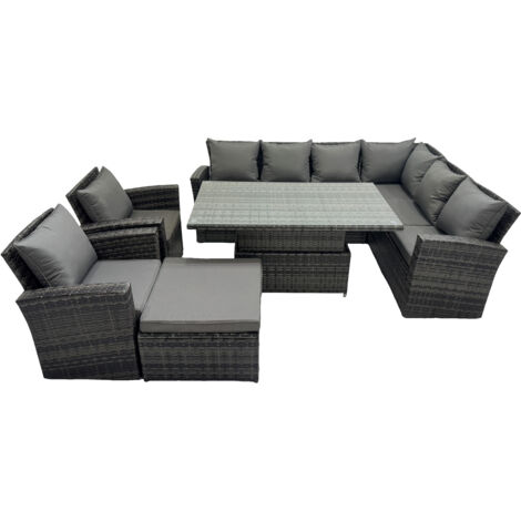 Fimous 9 Seat Rattan Garden Furniture Corner Sofa Set Outdoor Adjustable Lifting Dining or Coffee Table Set with Big Footstool Dark Grey Mixed