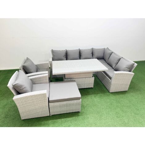Fimous 9 Seat Rattan Garden Furniture Corner Sofa Set Outdoor Adjustable Lifting Dining or Coffee Table Set with Big Footstool Light Grey