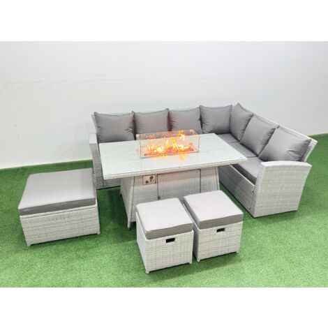 Fimous 9 Seat Rattan Garden Furniture Corner Sofa Set Outdoor Gas Fire Pit Table Set with 3 Footstools Light Grey