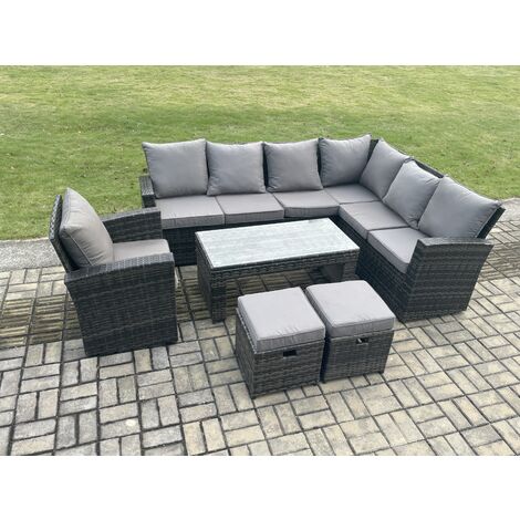 Fimous 9 Seat Rattan Garden Furniture Corner Sofa Set Outdoor Patio Sofa Table Set with 2 Small Footstools Armchair Dark Grey Mixed