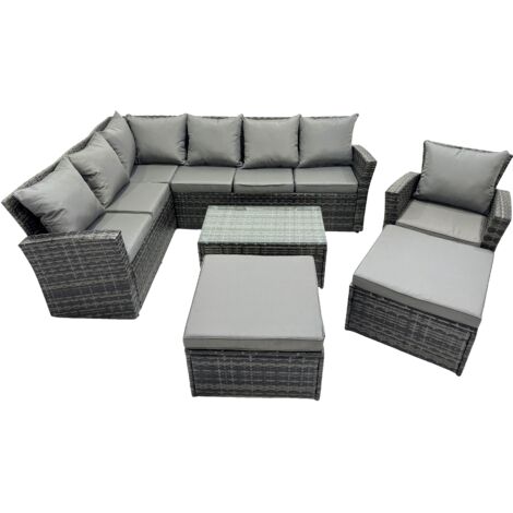 Fimous 9 Seat Rattan High Back Corner Sofa Set Patio Coffee Table Set with 2 Big Stools Dark Grey Mixed