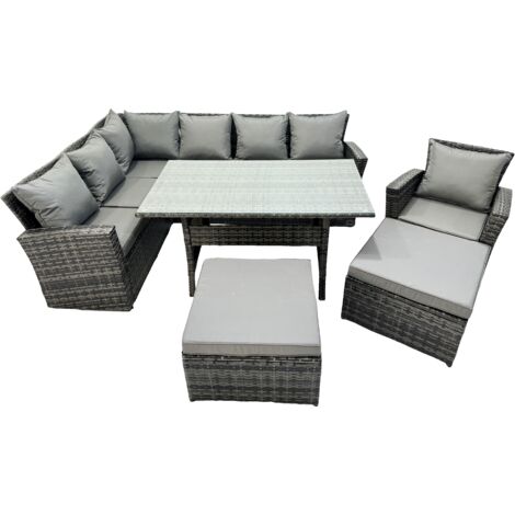 Fimous 9 Seat Rattan High Back Corner Sofa Set Patio Dining Table Set with 2 Big Stools Chair Dark Grey Mixed