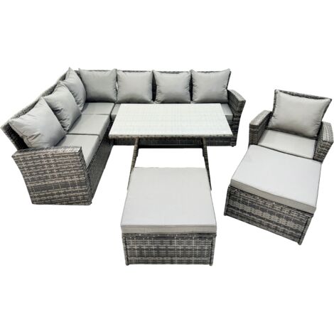 Fimous 9 Seat Rattan High Back Corner Sofa Set Patio Dining Table Set with Big Stool Dark Grey Mixed