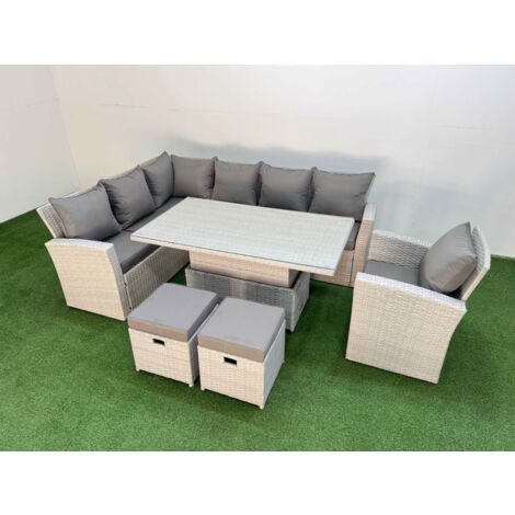 Fimous 9 Seat Rattan Outdoor Garden Furniture Corner Sofa Set Adjustable Lifting Dining or Coffee Table Set with 2 Small Footstools Light Grey