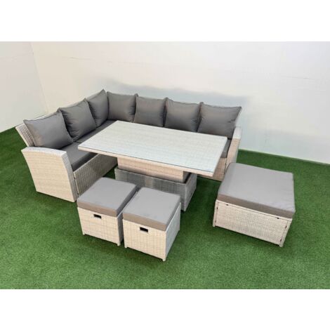 Fimous 9 Seat Rattan Outdoor Garden Furniture Corner Sofa Set Adjustable Lifting Dining or Coffee Table Set with Armchair 3 Footstools Light Grey