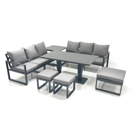 Fimous 9 Seater Aluminium Outdoor Garden Furniture Set with Adjustable Rising Lifting Dining Table 3 Seater Sofa 3 Footstools Side Table Dark Grey