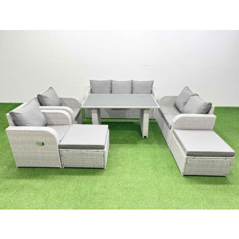 Fimous 9 Seater Garden Furniture Set PE Ratten Garden Sofa Set with Rectangular Dining Table 2 Big Stool Light Grey