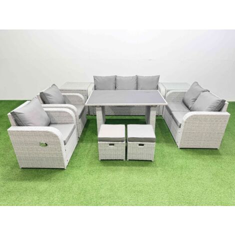 Fimous 9 Seater Garden Furniture Set PE Ratten Garden Sofa Set with Rectangular Dining Table 2 Small Stools 2 Side Tables Light Grey