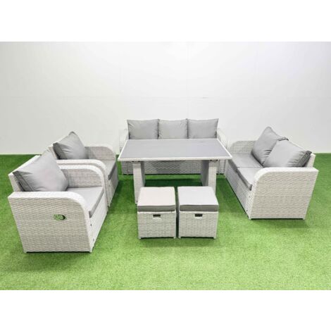 Fimous 9 Seater Garden Furniture Set PE Ratten Garden Sofa Set with Rectangular Dining Table 2 Small Stools Light Grey